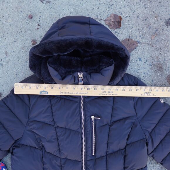 Calvin Klein Black Puffer Coat Women's L Faux Fur Hood Water Resistant - Picture 6 of 12